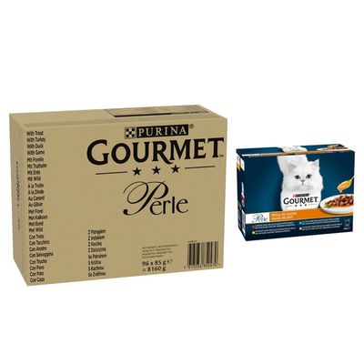Emballage Purina Gourmet Perle, 96 x 85 g, variétés visibles : saumon et poisson blanc, sardine et thon, saumon et colin, poisson de l’océan et thon. Poids net 8160 g.