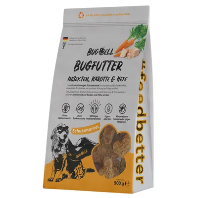 BugBell Bugfutter mit Insekten, Karotte und Hefe. Ohne Gluten, ohne Zuckerzusatz, hypoallergen, körperpflegende Hautabwehr gegen Parasiten. Verpackung 900g, recyclebar im gelben Sack. BugBell Bugfutter mit Insekten, Karotte und Hefe. Ohne Gluten, ohne Zuckerzusatz, hypoallergen, körperpflegende Hautabwehr gegen Parasiten. Verpackung 900g, recyclebar im gelben Sack.