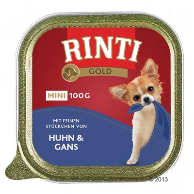 RINTI Gold MINI 100 g, Huhn & Gans, koiran märkäruoka. Pakkauksessa pieni koira ja teksti: Mit feinen Stückchen von Huhn & Gans.