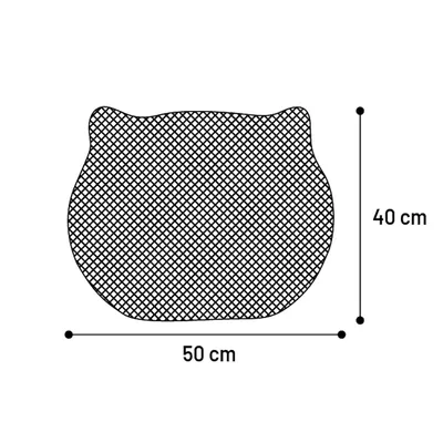 Afmetingen van een kattenvormige mat: breedte 50 cm, hoogte 40 cm.