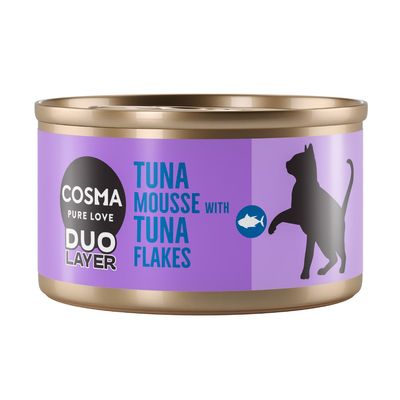 Lata de comida para gatos Cosma Pure Love Duo Layer. Texto visible: Tuna mousse with tuna flakes. Silueta de gato y símbolo de pez en la etiqueta.