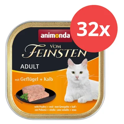 Animonda Vom Feinsten Adult mit Geflügel und Kalb, 32x Portionen. Abgebildet: weisse Katze und Fleischstück auf schwarzem Teller.
