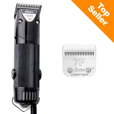 Oster Golden A5 klippmaskin med utbytbart skär 7F CryogenX AgION. Orange hörn med texten Top Seller.