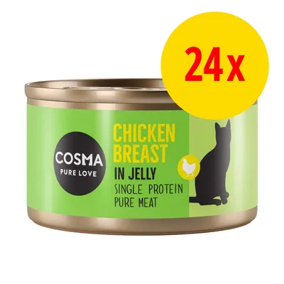 Cosma Pure Love Chicken Breast in Jelly, Single Protein Pure Meat. 24x syns på förpackningen. Grön burk med siluett av katt och kyckling. Cosma Pure Love Chicken Breast in Jelly, Single Protein Pure Meat. 24x syns på förpackningen. Grön burk med siluett av katt och kyckling.
