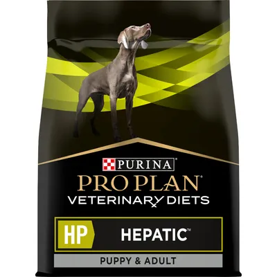 Sac de croquettes PURINA PRO PLAN Veterinary Diets HP Hepatic Puppy & Adult, avec image d’un chien et texte visible sur l’emballage.