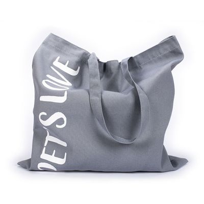 Borsa in tessuto grigio con manici e scritta bianca parziale visibile: 'PETS LOVE'