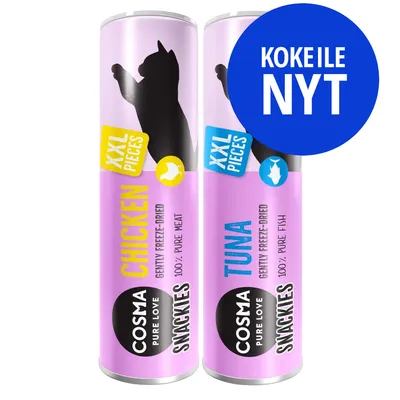 COSMA Snackies XXL Pieces, Chicken: 100% pure meat, Tuna: 100% pure fish. Kokeile nyt -teksti sinisellä ympyrällä pakkauksen päällä.