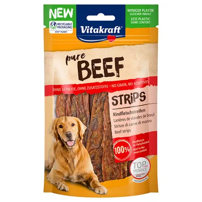 Vitakraft pure Beef Strips, nötköttsstrimlor, utan spannmål, utan tillsatser, 100 % nötkött i köttinnehållet, mindre plast samma innehåll, Top Marke 2021.