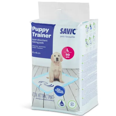 Savic Puppy Trainer супер абсорбиращи подложки за обучение, размер L, 50 броя, 60x45 см, с атрактант, подобрена версия, Drylock технология, издържат до 30 дни.