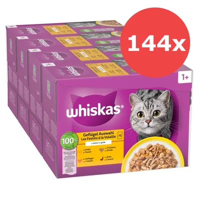 Jumbopack Whiskas 1+ Adult Frischebeutel 144 x 85 g - Geflügelauswahl in Gelee