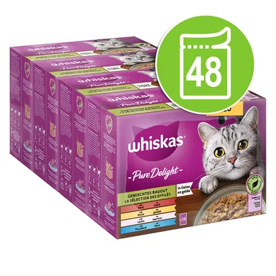 Whiskas Pure Delight blandet ragout i gelé, 48 portionsposer med oksekød, kylling, laks og tun. Emballagen viser en kat og produktdetaljer.
