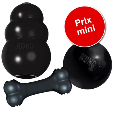 Jouets noirs en caoutchouc KONG, forme os et balle, avec texte visible « Prix mini » sur un cercle rouge. Jouets noirs en caoutchouc KONG, forme os et balle, avec texte visible « Prix mini » sur un cercle rouge.