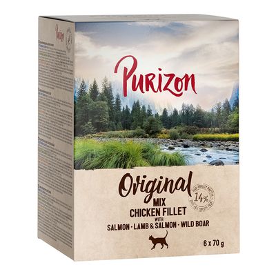 Purizon Original Mix Chicken Fillet met zalm, lam, wild zwijn. 14% kwaliteitsproteïne, 6 x 70 g. Verpakking toont rivierlandschap.