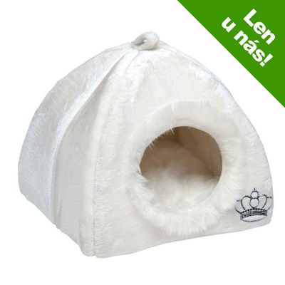 Biela plyšová búda pre mačky alebo malé psy s otvorom vpredu, výšivka koruny na boku. Zelený roh s textom: Len u nás!
