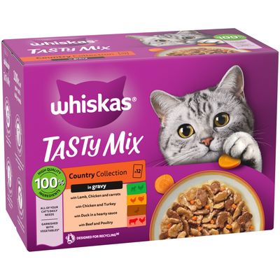 Selection of Whiskas wet food packs including Tasty Mix, Duo Surf & Turf, Mixed Menu, and Pure Delight Meaty Shreds with visible flavour options. Text: shop our range.