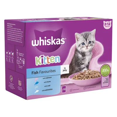 Whiskas Kitten Fish Favourites v žele, primerno za mladiče od 2 do 12 mesecev. Okusi: losos, tuna, polenovka, bela riba. Paket z 12 porcijami, 100% kakovostne sestavine.
