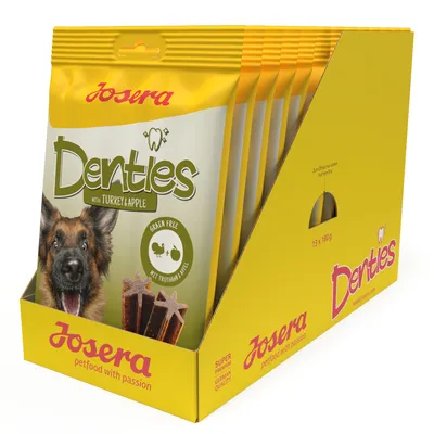 Josera Denties with turkey and apple, grain-free. Packaging shows dog and star-shaped snacks. Display box contains 13 x 180g bags. Super Premium German Quality.
