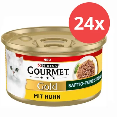 Purina Gourmet Gold, saftig-feine Streifen mit Huhn, 24x Dosen. Neu. Purina Gourmet Gold, saftig-feine Streifen mit Huhn, 24x Dosen. Neu.