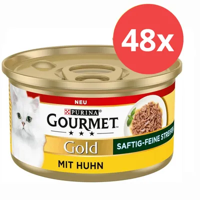 Purina Gourmet Gold, saftig-feine Streifen mit Huhn, 48x Dose, Katzenfutter.