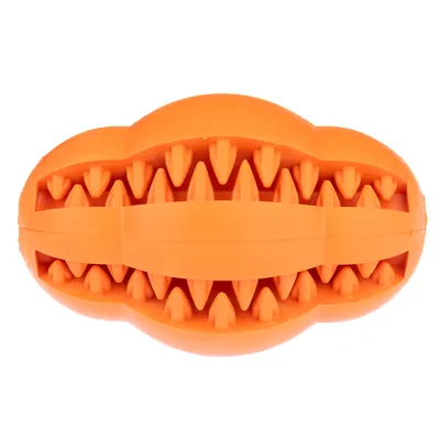 Orange dog toy made of rubber with tooth-like bumps for dental care.