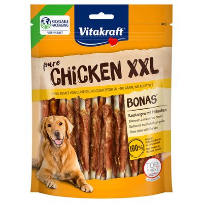 Vitakraft pure Chicken XXL purutikut kanalla, viljaton, ilman lisäaineita. Vähemmän muovia, sama sisältö. 100 % vähärasvaista kananlihaa. Top Marke 2021.