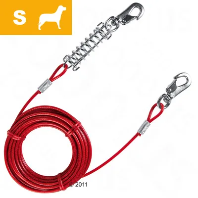 Câble rouge en métal avec deux mousquetons et ressort, taille S indiquée par pictogramme chien blanc sur fond jaune. Convient pour petits chiens selon l’image.