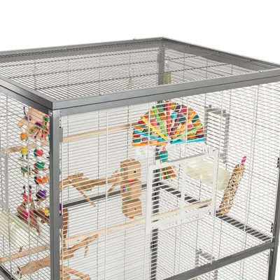 Vogelkooi van metaal met traliewanden, voorzien van kleurrijk speelgoed, houten stokken en voederhouders.