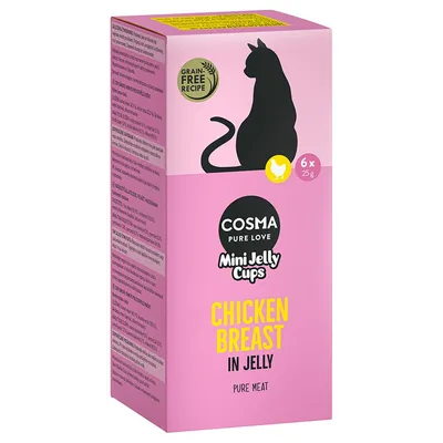 Cosma Pure Love Mini Jelly Cups, Chicken Breast in Jelly, Grain Free Recipe, 6x25g. Verpackung mit schwarzer Katzen-Silhouette und gelbem Symbol für Katzen.