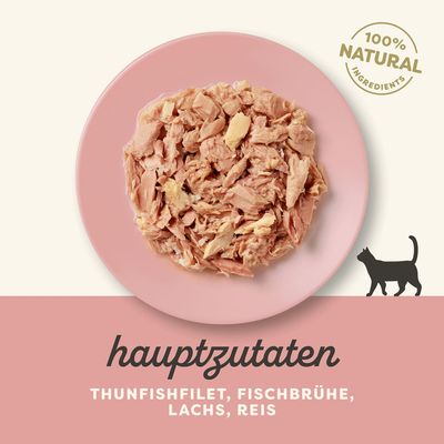 Hauptzutaten: Thunfischfilet, Fischbrühe, Lachs, Reis. 100% natürliche Zutaten. Silhouette einer Katze rechts unten.