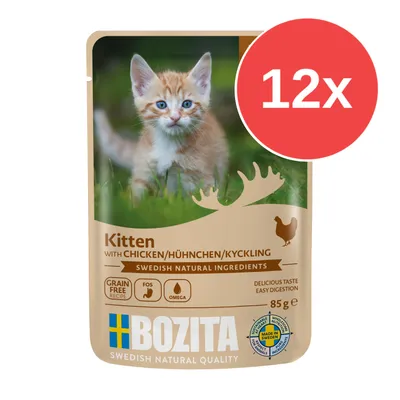 BOZITA Kitten with Chicken, 85 g, balení 12×. Grain free recipe, FOS, Omega, Swedish natural ingredients, Made in Sweden. Text v angličtině a němčině.