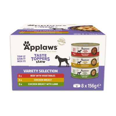 Lot de 16 boîtes Applaws Taste Toppers in Broth, 156 g chacune. Texte visible : 100% Natural, Chicken Breast with Salmon, Pumpkin, Carrots & Peas.