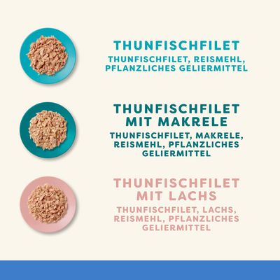 Thunfischfilet: Thunfischfilet, Reismehl, pflanzliches Geliermittel. Thunfischfilet mit Makrele: Thunfischfilet, Makrele, Reismehl, pflanzliches Geliermittel. Thunfischfilet mit Lachs: Thunfischfilet, Lachs, Reismehl, pflanzliches Geliermittel.