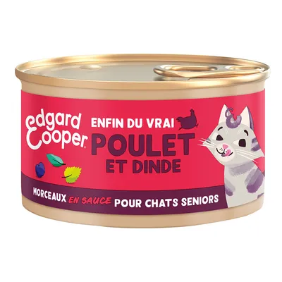 Edgard Cooper kattenvoer blik, tekst in Frans: Enfin du vrai poulet et dinde, morceaux en sauce pour chats seniors. Afbeelding van kat en bladeren op het etiket.