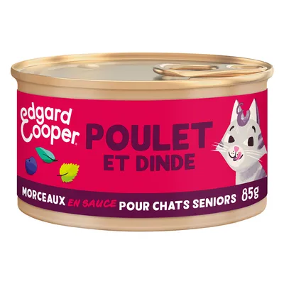 Edgard Cooper POULET ET DINDE, morceaux en sauce pour chats seniors, 85g. Blik met afbeelding van kat en bladeren. Tekst in het Frans zichtbaar op verpakking.