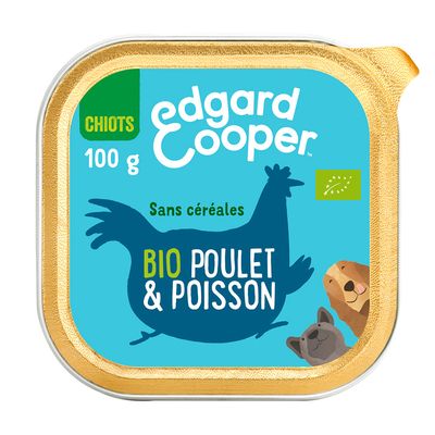 Barquette Edgard & Cooper chiots 100 g, sans céréales, bio poulet & poisson, label bio UE visible sur l’emballage.