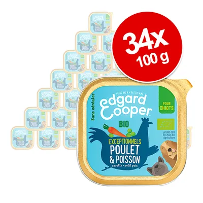 Lot de 34 barquettes Edgard Cooper Bio pour chiots, poulet et poisson, carotte et petit pois, sans céréales, 100 g chacune. Texte visible : 'exceptionnels', 'pour chiots'.