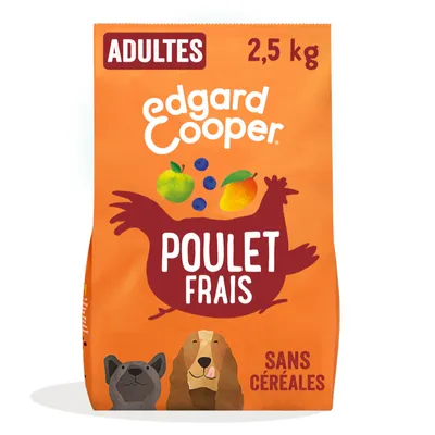 Edgard Cooper nourriture pour chiens adultes, 2,5 kg, poulet frais, sans céréales. L’emballage montre du poulet frais, des fruits et deux chiens. Edgard Cooper nourriture pour chiens adultes, 2,5 kg, poulet frais, sans céréales. L’emballage montre du poulet frais, des fruits et deux chiens.
