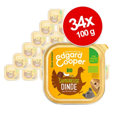 Edgard & Cooper BIO Savoureuse Dinde, zonder granen, voor honden, 34 x 100 g. Tekst: pour chiens adultes, noix de coco + chia, AT-BIO-301 EU/non-EU agriculture.