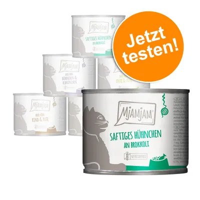 MjAMjAM-kissanruokapurkkeja, etualalla Saftiges Hühnchen an Brokkoli. Oranssi ympyrä tekstillä 'Jetzt testen!'. Tuotenimet ja teksti saksaksi.