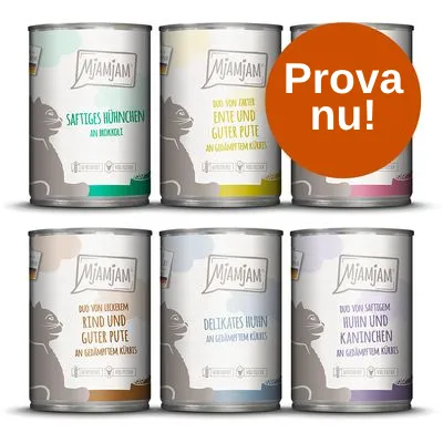 Sex burkar MjAMjAM kattmat med tysk text på etiketterna, smaker inkluderar kyckling, anka, kalkon, nötkött och kanin. Orange cirkel med texten 'Prova nu!'.