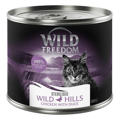 Wild Freedom Adult Sterilised 12 x 200 g - gabonamentes receptúra Wild Hills Sterilised - kacsa & csirke