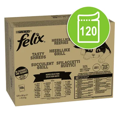 Boîte Purina Felix Sélection Mixte, 120 sachets de 80 g. Sans colorants. Variétés : bœuf, poulet, morue, saumon, thon. Texte multilingue visible sur l’emballage.