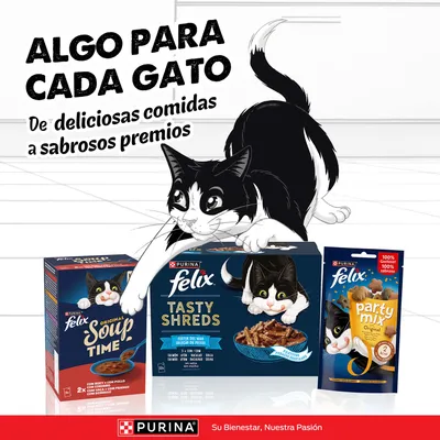 PURINA Felix Original Soup Time, Tasty Shreds y pack mixto Party Mix. Texto: Algo para cada gato. Desde comidas deliciosas hasta premios sabrosos. PURINA Felix Original Soup Time, Tasty Shreds y pack mixto Party Mix. Texto: Algo para cada gato. Desde comidas deliciosas hasta premios sabrosos.