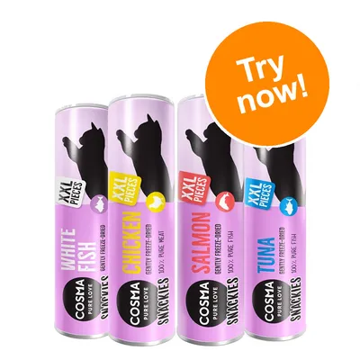 Cosma Snackies XXL Pieces cat treats, four tubes: White Fish, Chicken, Salmon, Tuna. Labels show 'gently freeze-dried', '100% pure meat/fish'. Orange circle with text: Try now!