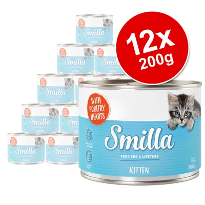 Smilla Kitten wet food, with poultry hearts, 12 tins x 200g. Blue and white label with kitten image. Text: 'Food for a lifetime', 'Grain-free'.