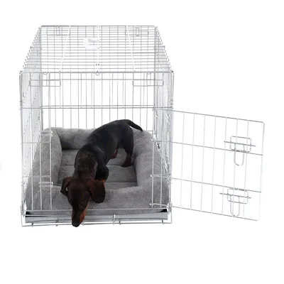 Chien de petite taille dans une cage en métal avec porte ouverte, couchage gris rembourré à l’intérieur. La cage et le coussin sont visibles sur fond blanc.