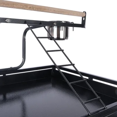 Plateau pour oiseau avec échelle en métal, perchoir en bois et gamelle en acier inoxydable fixée sur le côté.