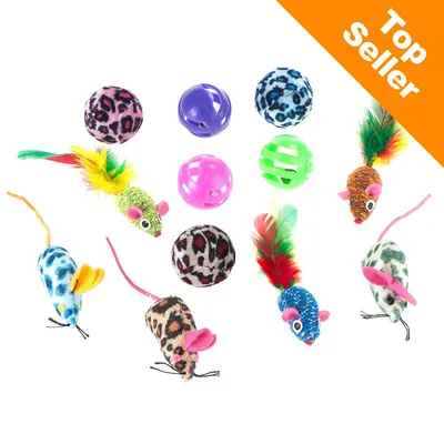 Jouets pour chat : 6 souris en tissu à motifs et plumes, 4 balles colorées en plastique ou tissu. Bandeau orange avec texte « Top Seller » en haut à droite.