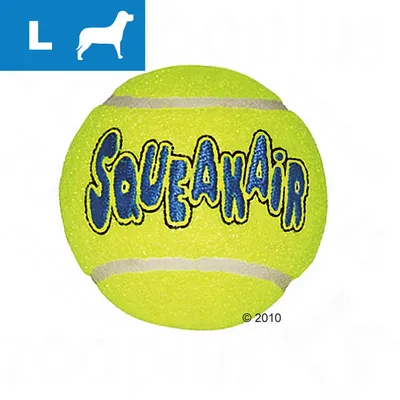 Large yellow tennis ball with the word 'Squeakair' written on it, indicating a squeaky toy. Blue icon in corner shows letter L and animal silhouette. Large yellow tennis ball with the word 'Squeakair' written on it, indicating a squeaky toy. Blue icon in corner shows letter L and animal silhouette.