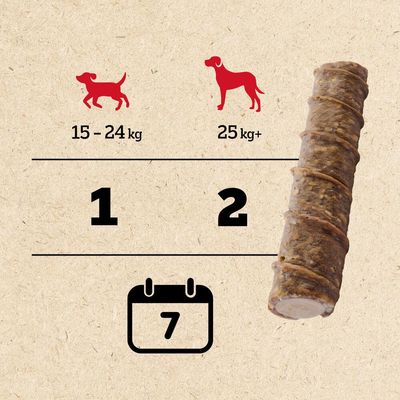 Consigli alimentari: cani 15–24 kg 1 pezzo, cani 25 kg+ 2 pezzi; calendario con numero 7. Bastoncino per cani visibile a destra.